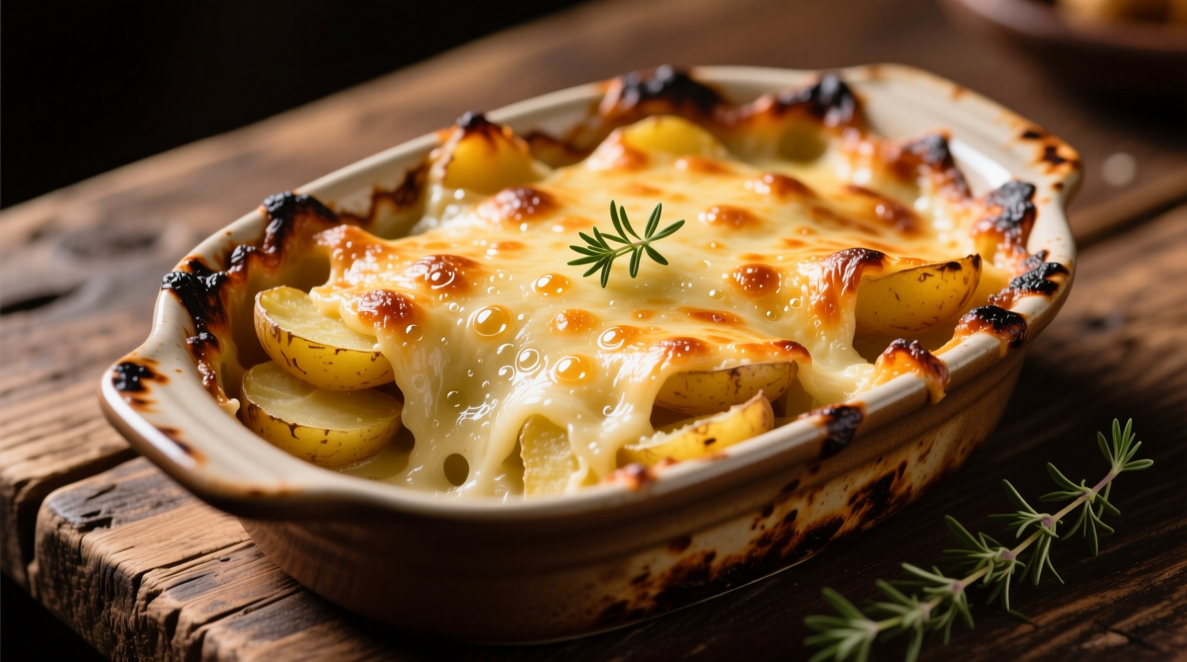 Golden-brown potato gratin with melted cheese bubbling at the edges