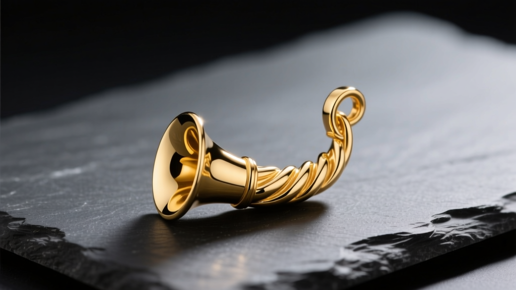 14k yellow gold Italian horn pendant on dark slate, displaying the twisted tip and polished finish under dramatic studio lighting.