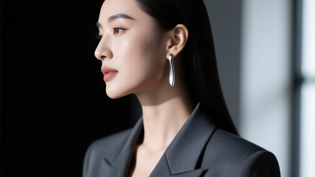 Side profile of a woman in evening wear, showcasing sleek silver simple dangle earrings catching the light against a dark blazer.