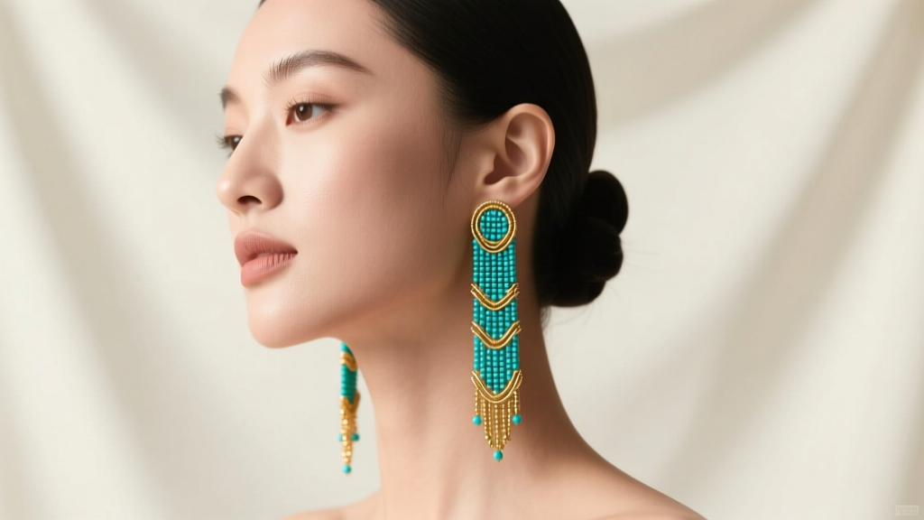 Model wearing long cascading turquoise and gold seed bead earrings, studio lighting highlighting intricate wire wrapping