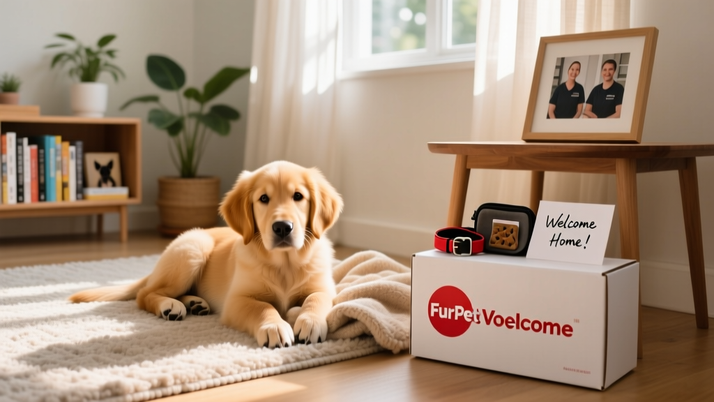 A newly adopted dog settling into a cozy corner of a home, with a FurPetVo welcome kit nearby