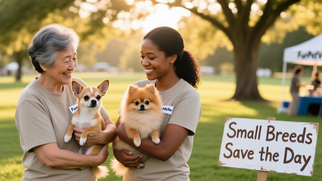 Volunteers gently holding two small rescued dogs at a FurPetVo adoption event