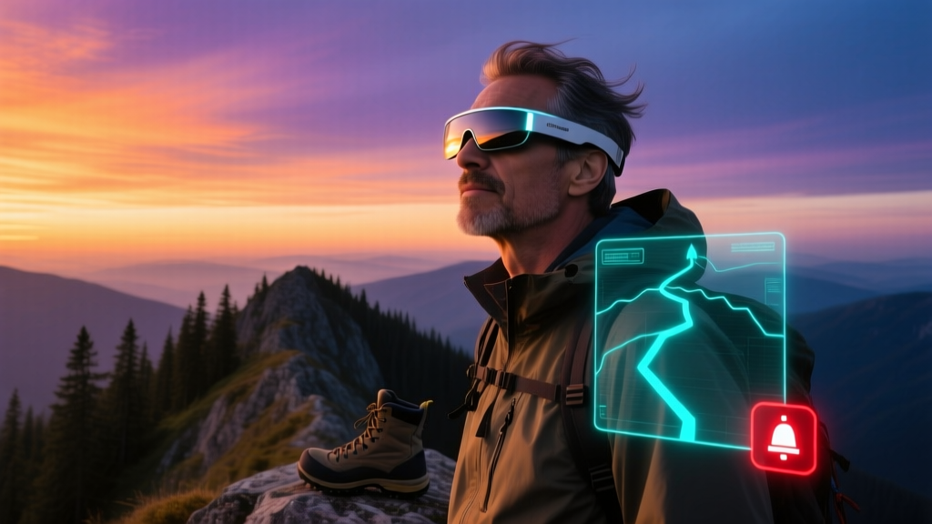 Hiker wearing sleek AR smart glasses at dusk, with a glowing HUD overlay highlighting a safe trail route and emergency SOS beacon.