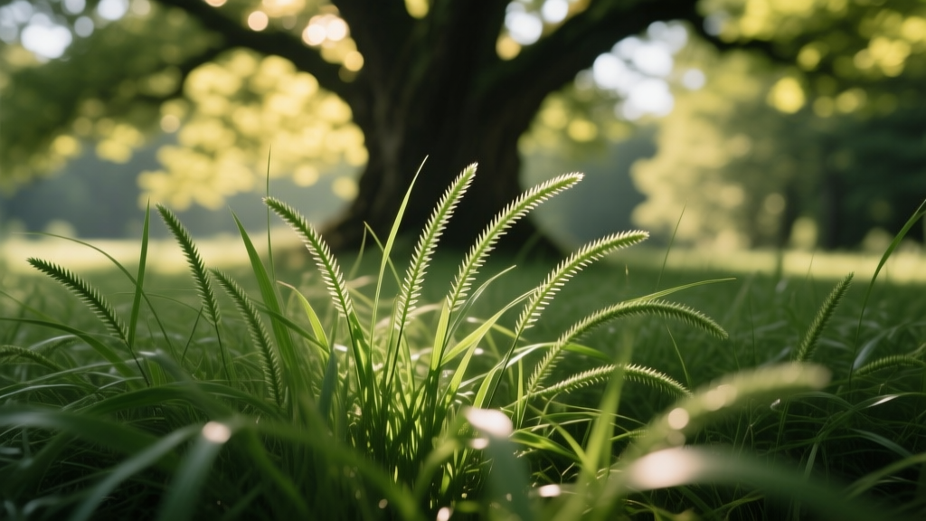 Close up of fine fescue grass blades showing narrow texture and deep green color growing successfully beneath a large oak tree canopy