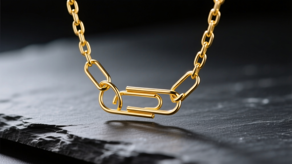 Close-up macro photography of a tangled 14k yellow gold micro-paperclip chain resting on dark slate under bright studio lighting.