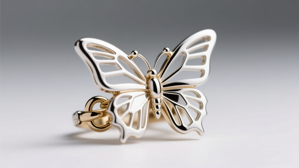 Macro photography of a white gold butterfly pendant clasp, showing the bright rhodium finish and a secure lobster claw mechanism