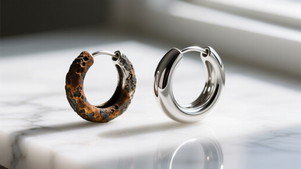 Close-up macro photography of a heavily tarnished sterling silver hoop earring next to a bright polished one on white marble.