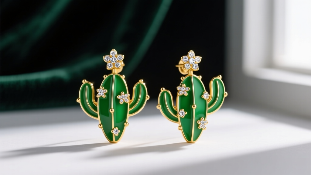 Macro shot of 18k gold cactus earrings with vibrant green champlevé enamel and tiny diamond flowers on dark velvet.