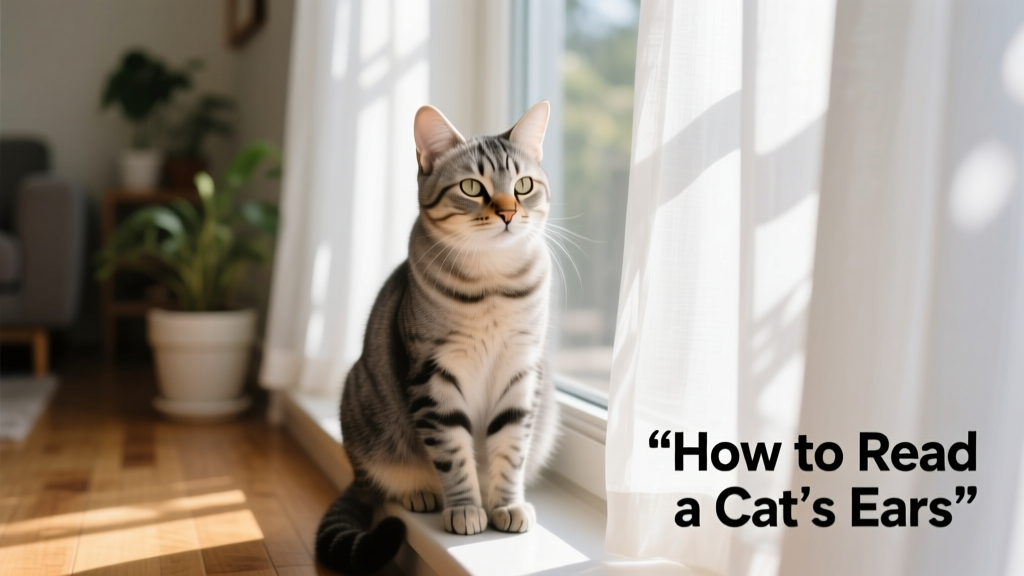 Close-up of a relaxed cat with neutral ear positioning, sitting calmly on a sunlit windowsill