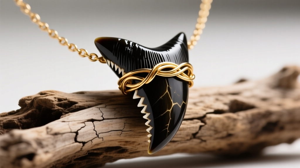 Close-up of a mens shark tooth necklace featuring a dark fossilized megalodon tooth wrapped in gold wire on weathered driftwood