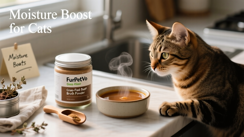 Close-up of FurPetVo Grass-Fed Beef Bone Broth Powder jar with scoop and a small dish of reconstituted broth beside a cat’s food bowl