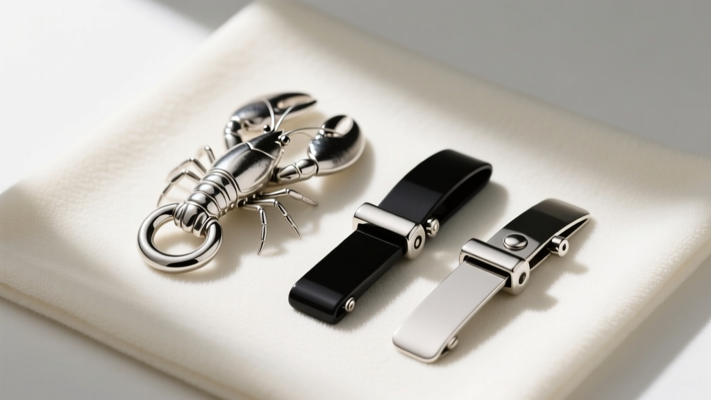 Flat lay of black and silver necklace clasps, including a sterling lobster clasp and magnetic toggle, on a microfiber cloth.