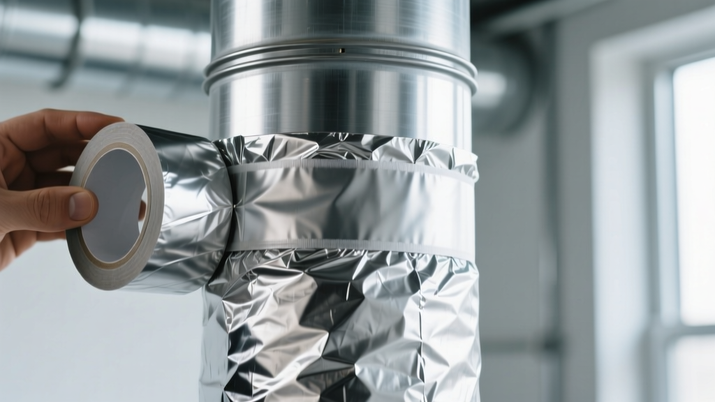 Close-up of silver foil-faced fiberglass insulation being tightly wrapped and sealed with UL 181 foil tape around a galvanized steel HVAC duct.