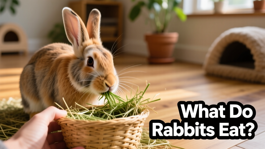 A healthy adult rabbit nibbling fresh timothy hay from a woven grass basket
