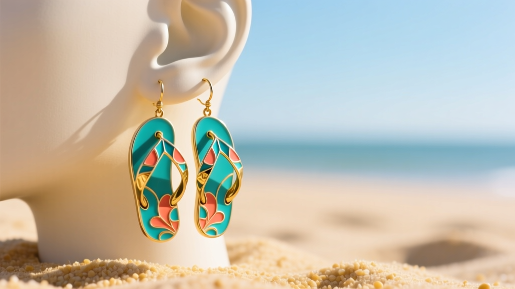 Macro shot of enameled flip flop earrings hanging forward on a mannequin earlobe against a bright, sunlit sandy beach background.