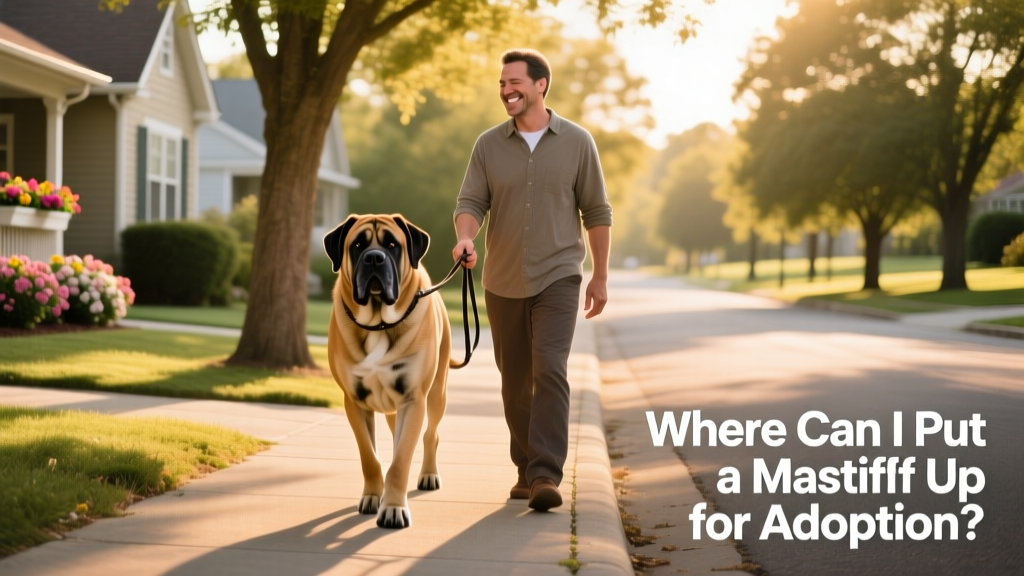 A Mastiff walking confidently beside a smiling adult on a quiet neighborhood street, leash held loosely