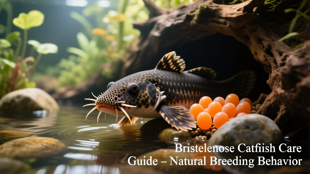 A male bushy nose pleco guarding a cluster of bright orange eggs inside a cave