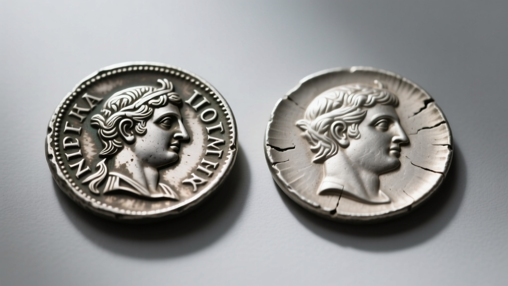 Macro view of a genuine struck Roman silver coin beside a cast replica, showing the casting seam and soft edges on the fake.