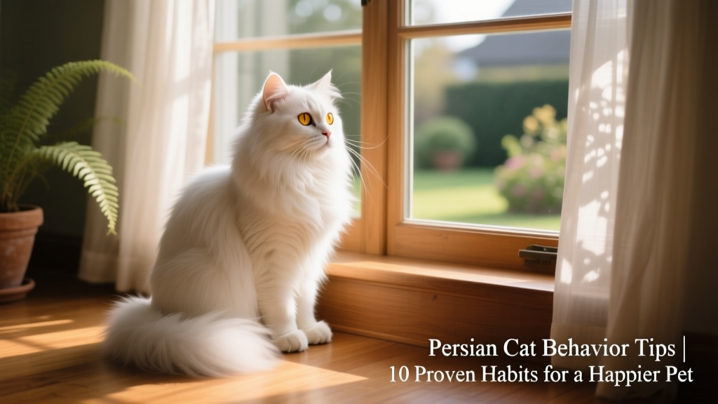 A calm Persian cat sitting serenely on a sunlit windowsill, gazing out peacefully