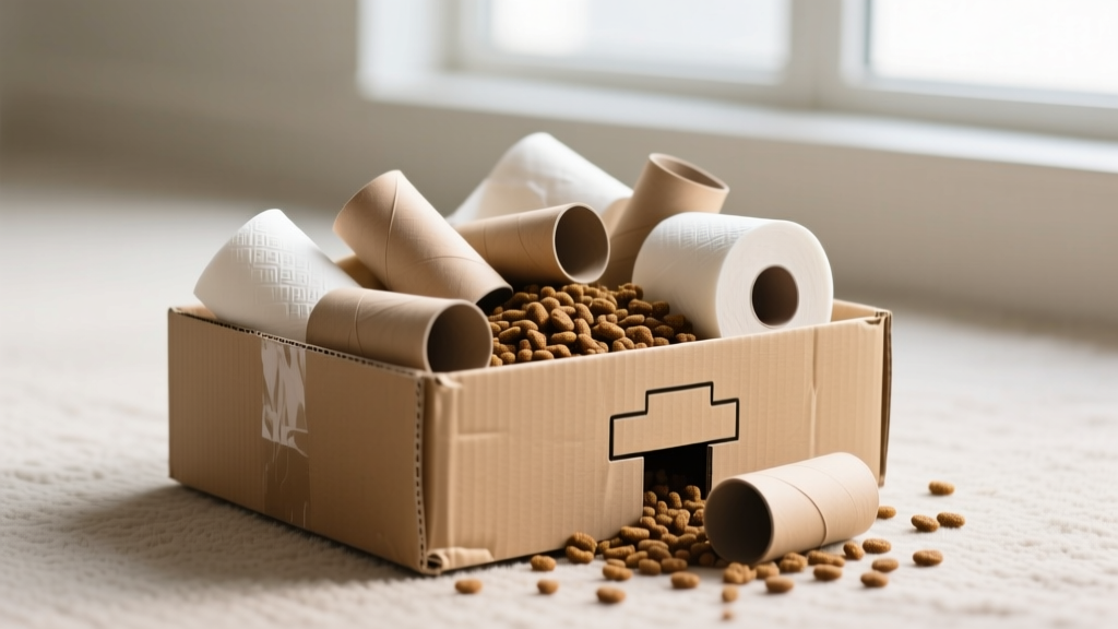 A medium cardboard box filled with empty toilet paper rolls and dry kibble serving as a homemade dog puzzle for foraging.