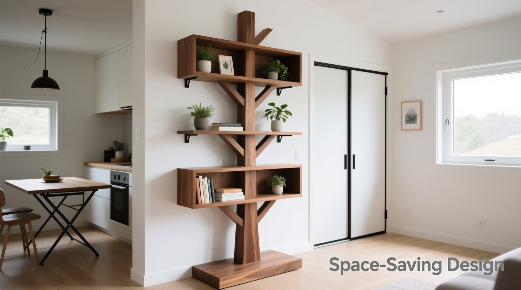 floating shelf tree display vs floor model which saves space in tiny homes