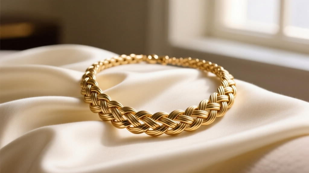Gold-tone woven Cashmere necklace by Premier Designs resting on cream silk fabric under soft, diffused natural window lighting
