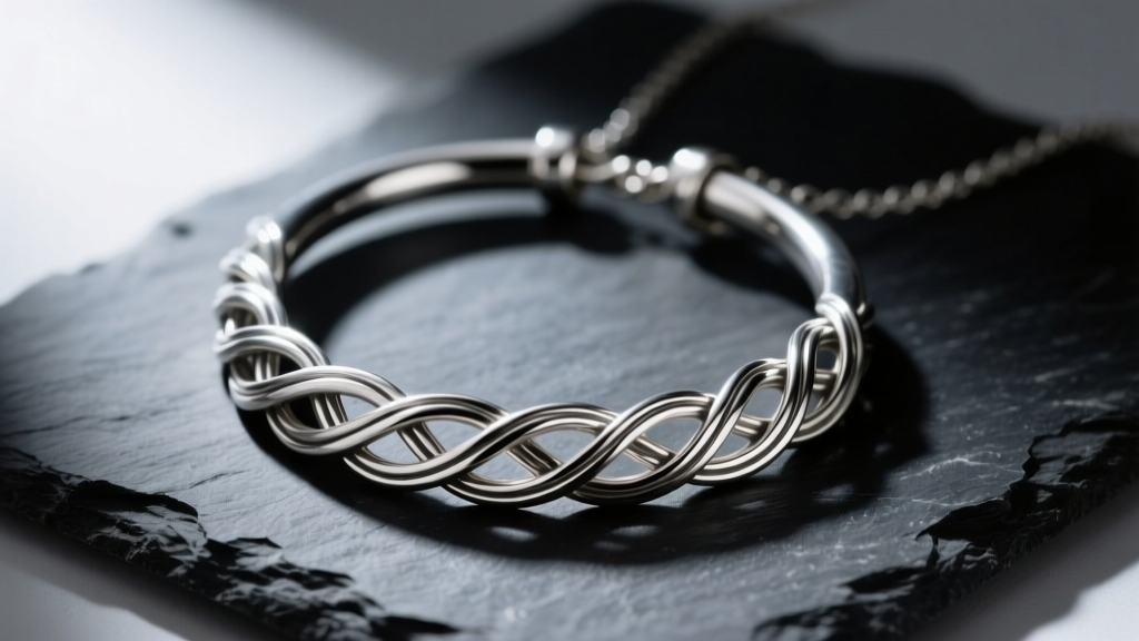 Twisted sterling silver Celtic torc necklace on dark slate, highlighting intricate wirework and open front gap in moody lighting.