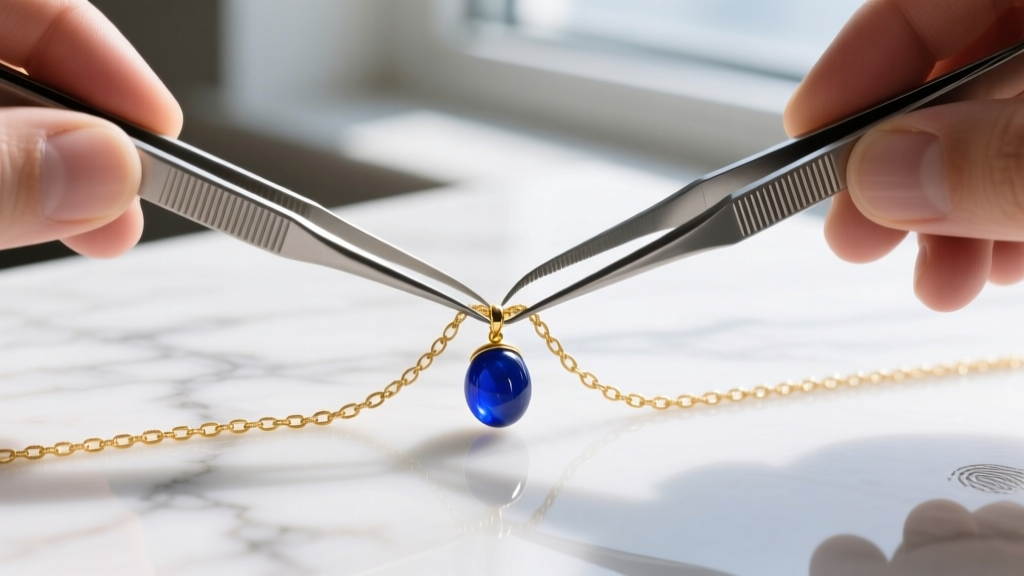 Fine steel tweezers carefully untangling a knotted gold chain with a small lapis lazuli pendant on a white marble surface