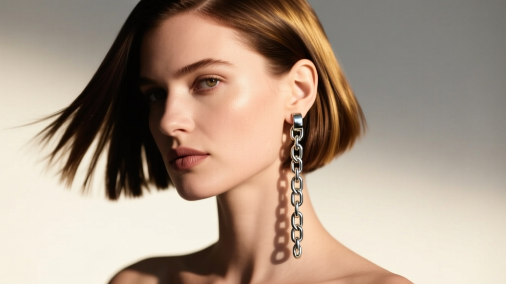 Fashion editorial shot of a woman with an asymmetrical bob, wearing a single heavy silver chain drop earring on her right lobe