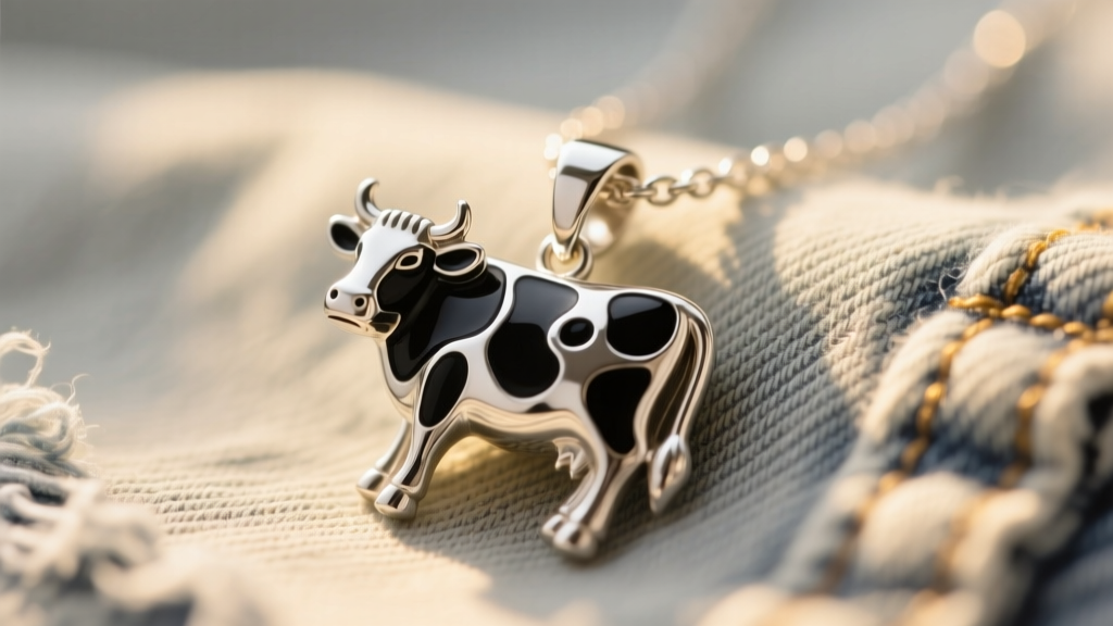 Close-up of a sterling silver cow pendant necklace with black vitreous enamel spots resting on faded denim in warm sunlight