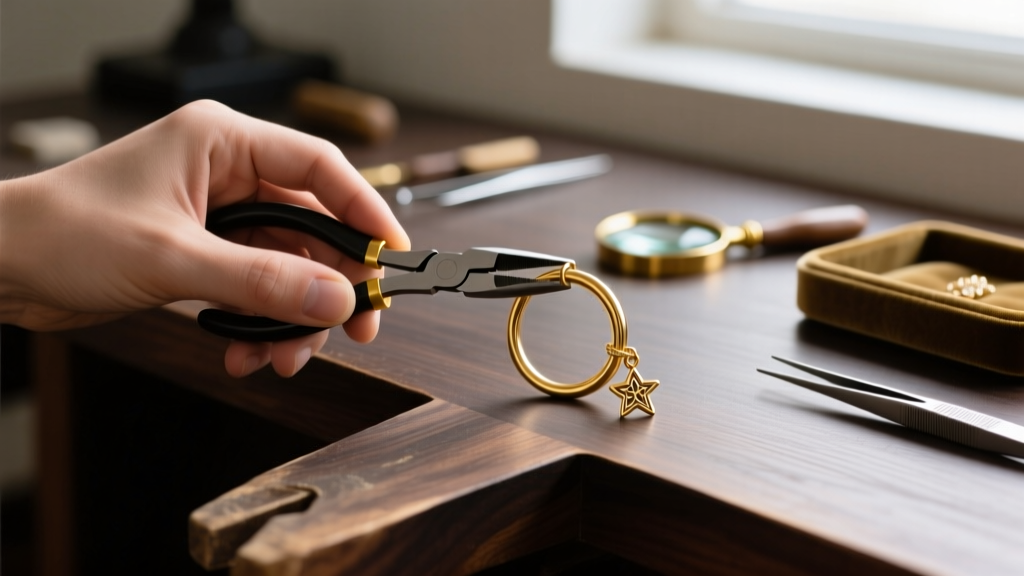 Jeweler using flat-nose pliers to open an 18-gauge unsoldered gold jump ring attached to a small charm on a dark wooden workbench.