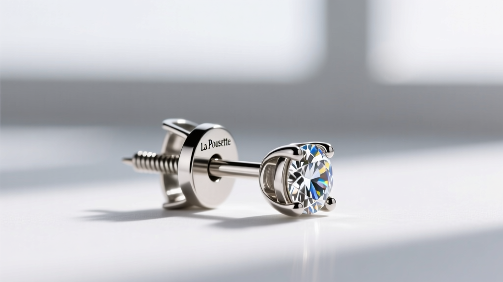 Close-up of a La Pousette earring backing and diamond stud, revealing spring-loaded caps gripping an 18-gauge notched post.
