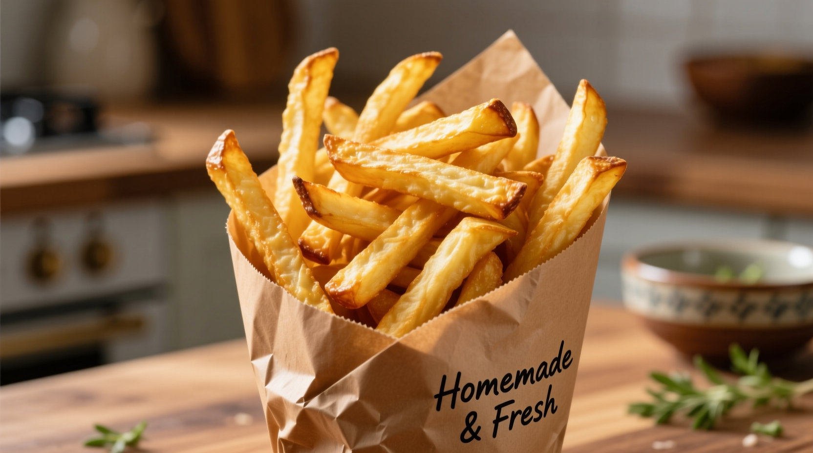 Perfect golden homemade potato fries in a paper cone