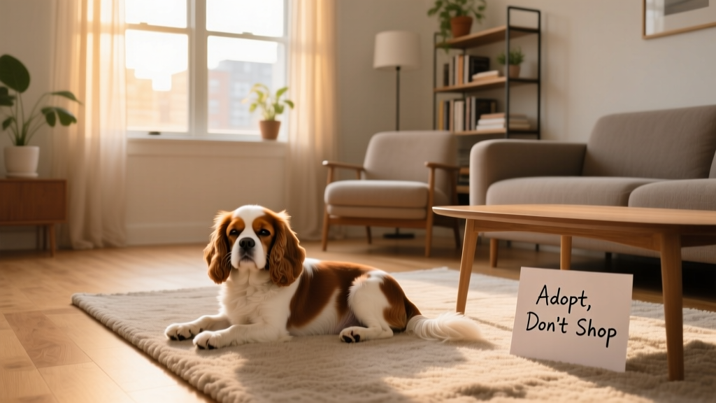A calm, well-mannered small-to-medium dog resting peacefully in a tidy apartment living room