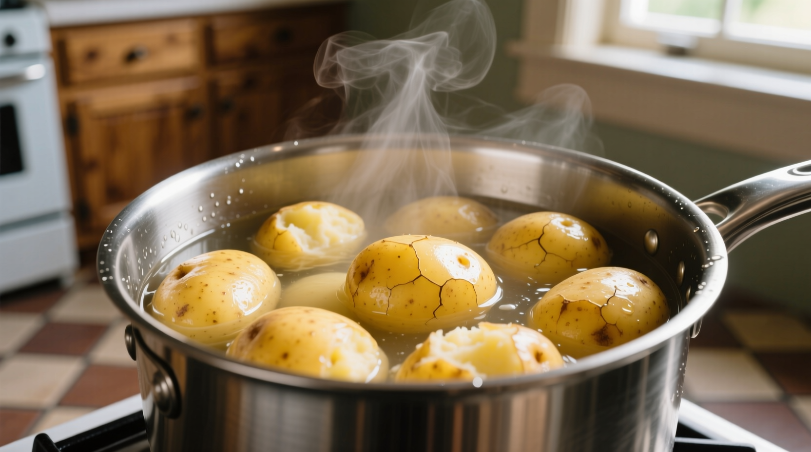 Perfectly boiled Yukon Gold potatoes in a pot