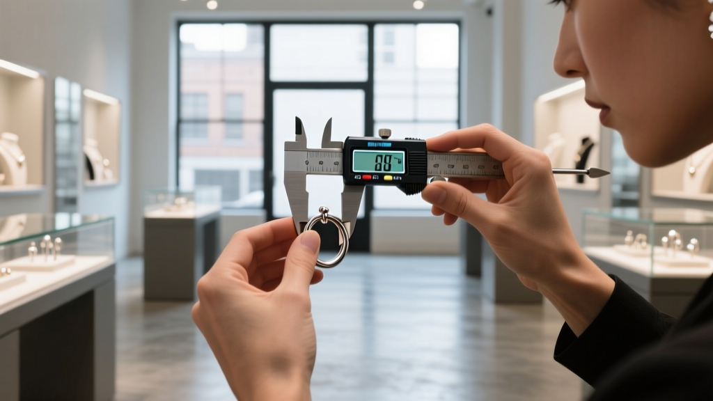 Jeweler in a Soho boutique using a digital caliper to measure the exact gauge thickness of a titanium cartilage hoop earring.