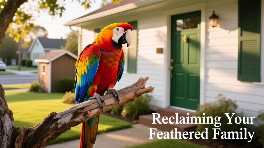 A brightly colored parrot perched on a tree branch near a suburban home, looking alert but calm