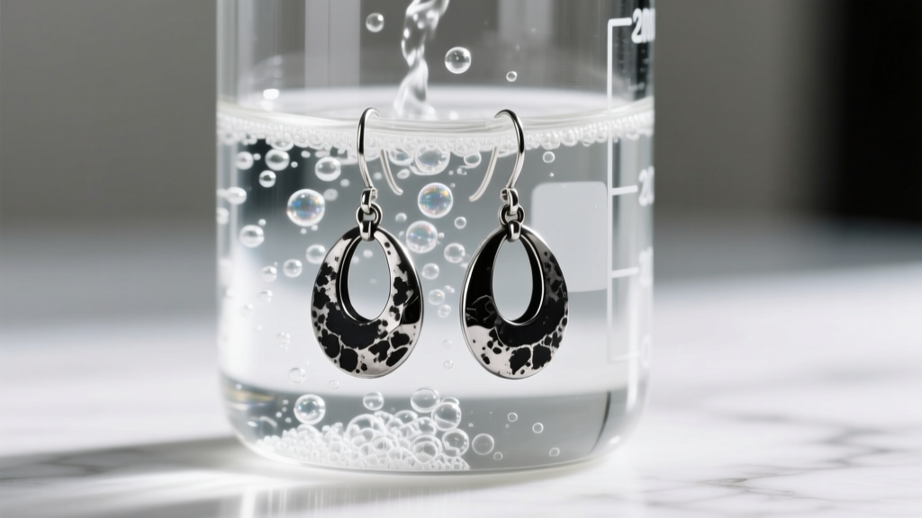 Glass beaker with bubbling baking soda and aluminum foil solution, submerging a pair of blackened silver drop earrings inside.