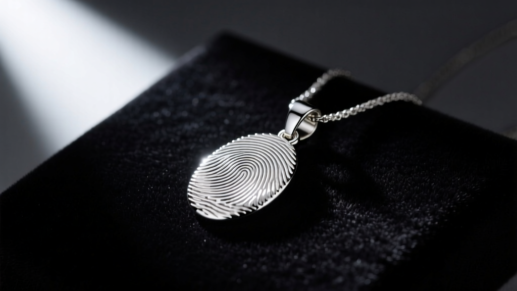 Silver fingerprint pendant on black velvet, illuminated by a single spotlight to highlight the detailed ridges and texture clearly