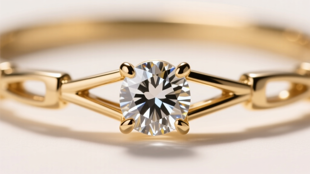Macro view of a four-prong diamond setting on a gold jewelry bracelet revealing the metal gallery and pavilion in soft light
