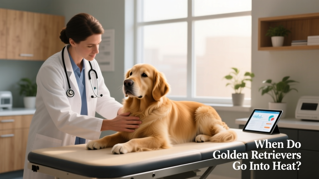 Veterinarian gently examining a calm Golden Retriever during a routine wellness checkup