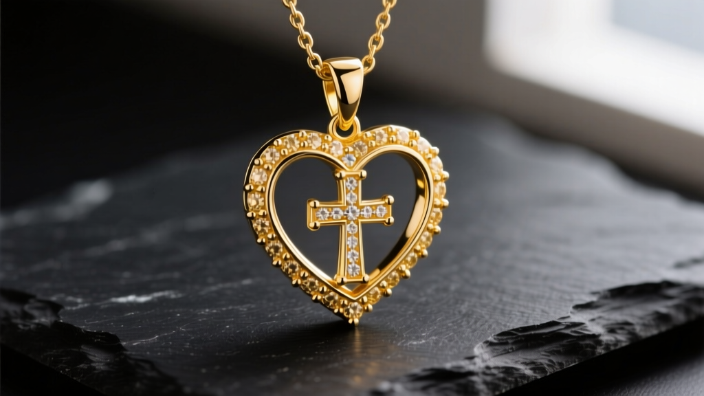Macro shot of an 18k yellow gold heart with cross necklace pendant on dark slate, highlighting bezel settings and polished edges.