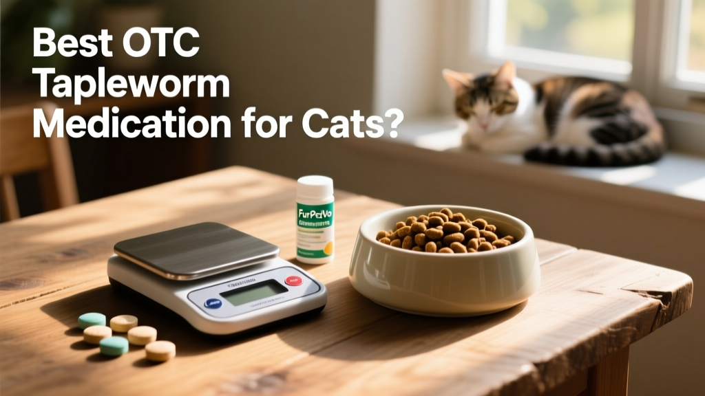FurPetVo dewormer tablets arranged beside a measuring scale and cat food bowl