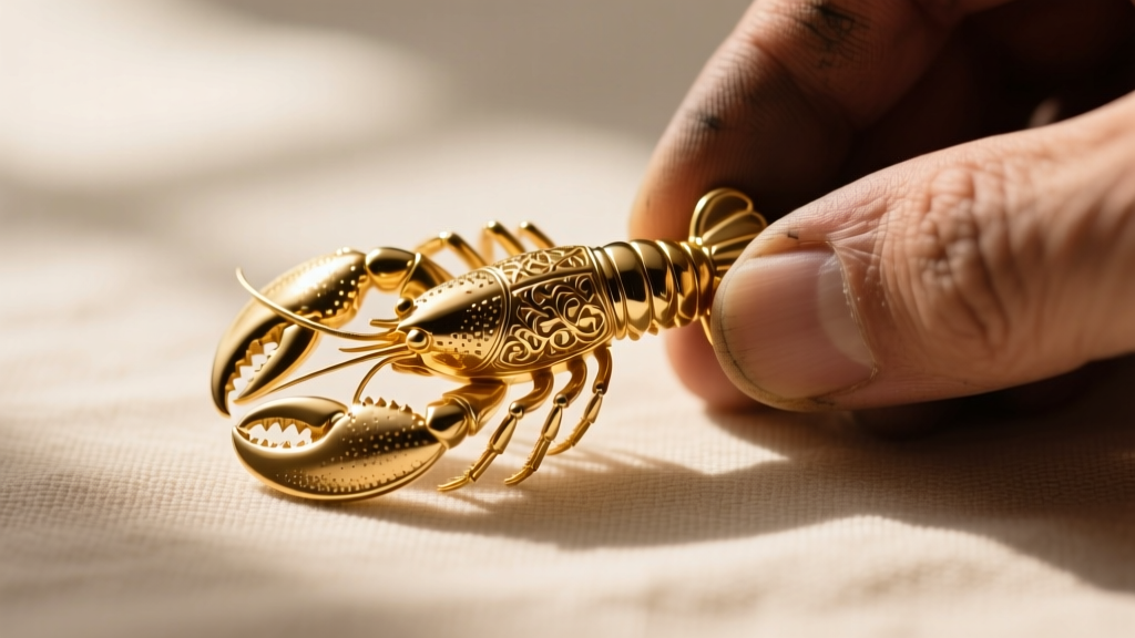 Macro shot of a 14k gold lobster clasp and maker's mark stamped on the back of a Mary pendant jump ring, in sharp focus.
