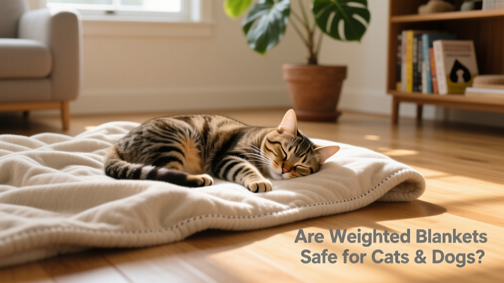 A relaxed cat napping peacefully on top of a soft, neutral-toned blanket