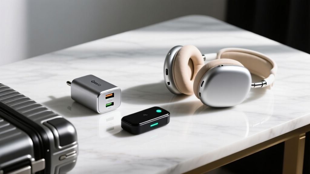 Flat lay of premium travel gadgets including a GaN charger, smart luggage tracker, and noise-canceling headphones on a marble desk