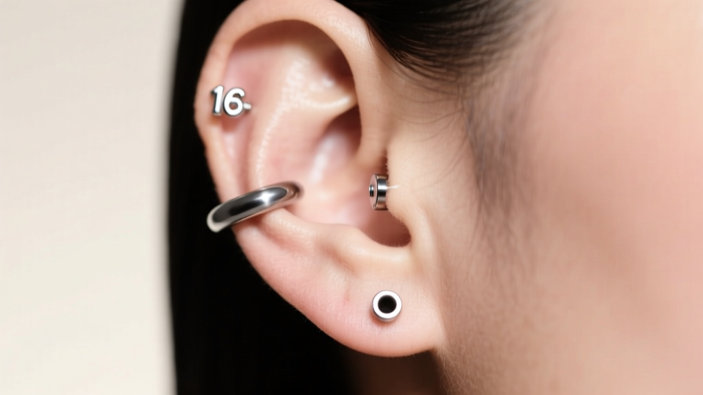 Macro shot of a curated ear stack with a 16-gauge titanium daith clicker and threadless conch stud under soft studio lighting.