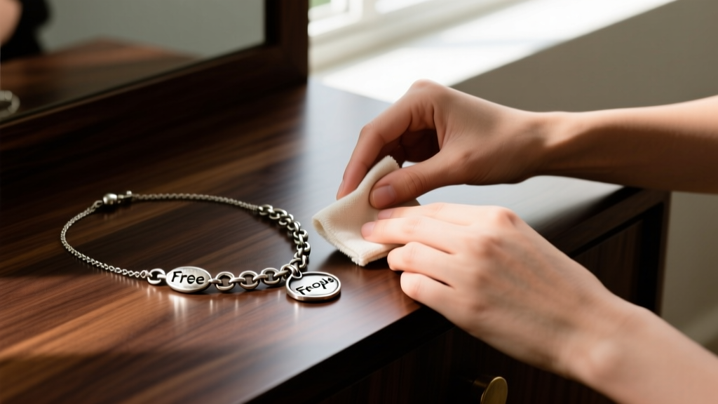 Hands polishing an oxidized silver Free People charm necklace with a microfiber cloth on a dark wooden vanity surface