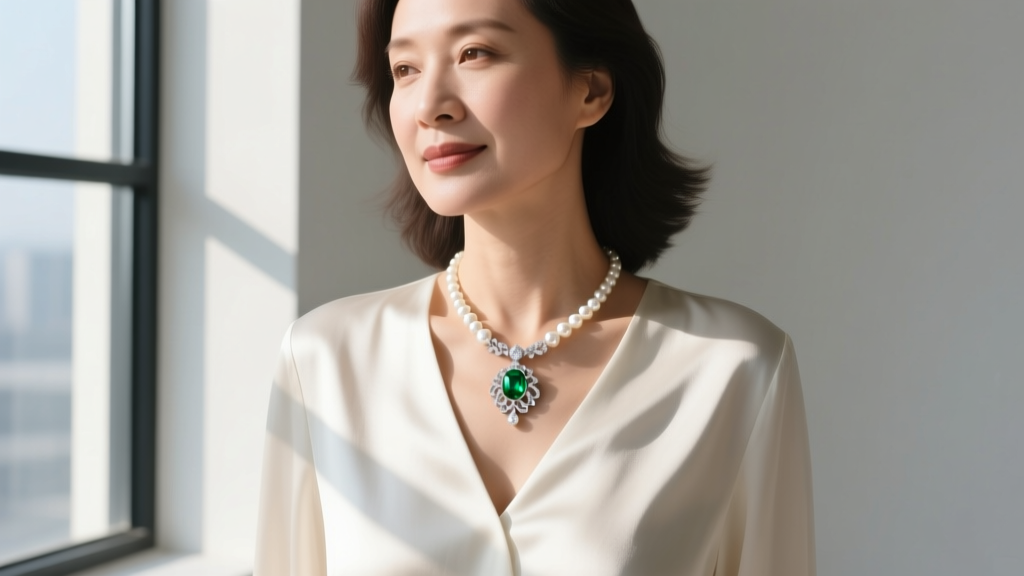 Woman in V-neck silk blouse wearing pearl and emerald pendant necklace in daylight, focusing on elegant neckline jewelry styling.