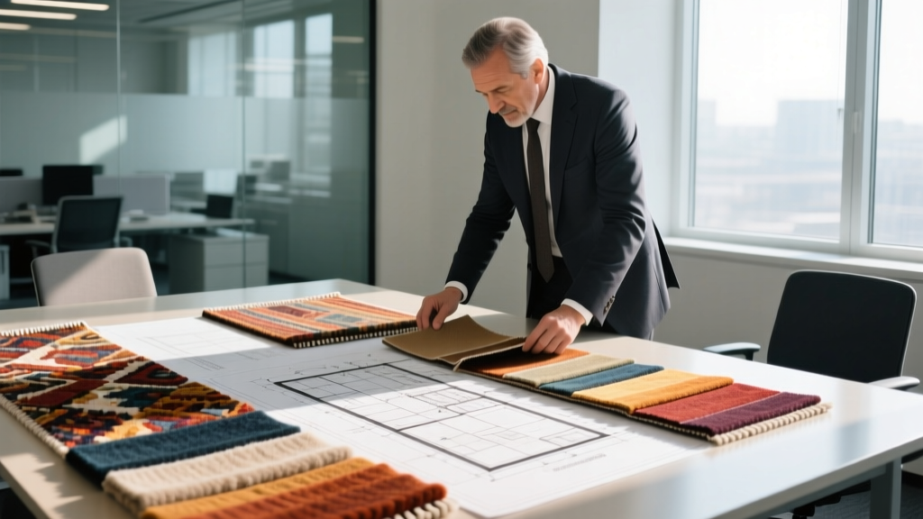 Architect reviewing large material swatches of wool and nylon rugs over a commercial office floor plan on a bright drafting table
